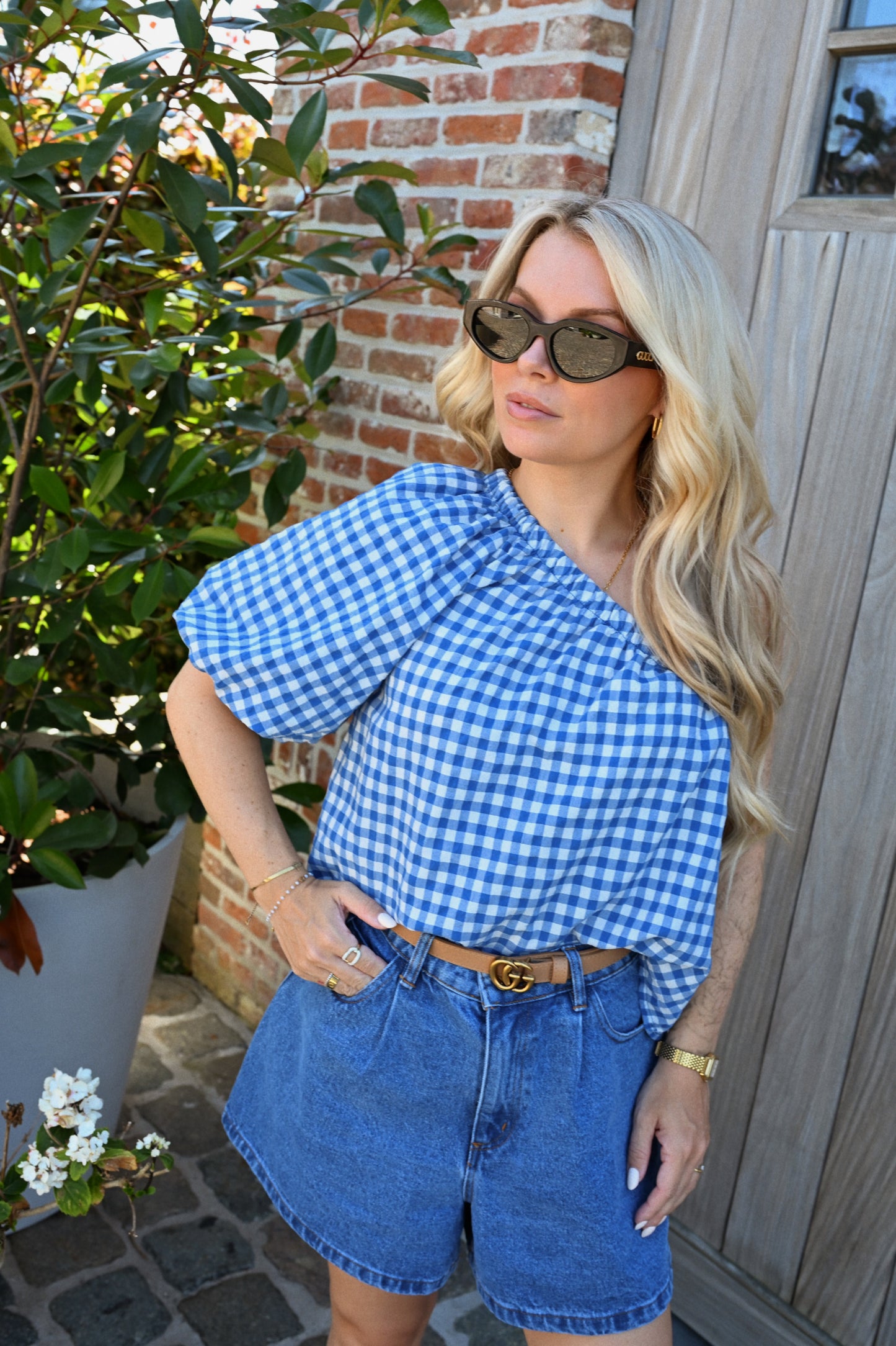 Carreaux One Shoulder Top - Blauw
