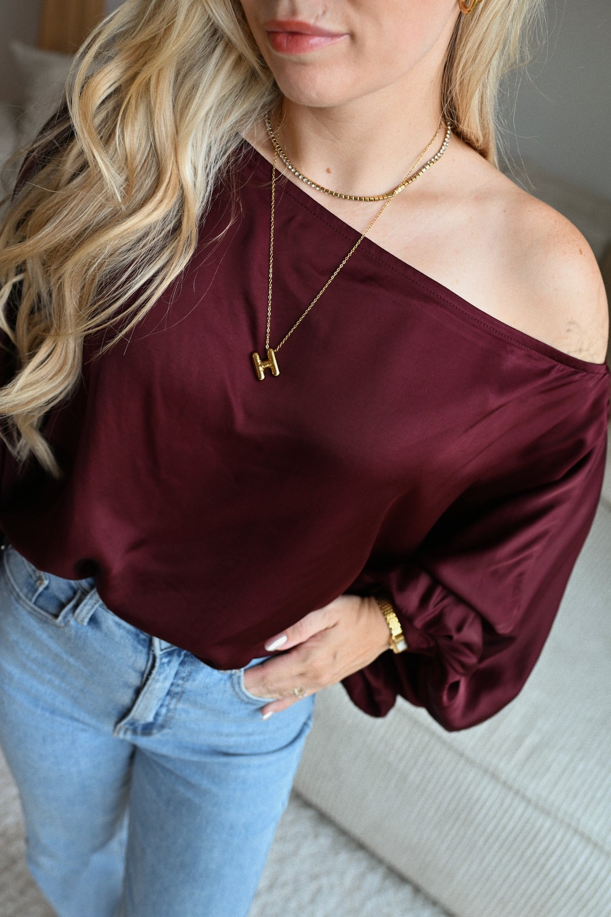 Satin Off Shoulder Blouse - Bordeaux