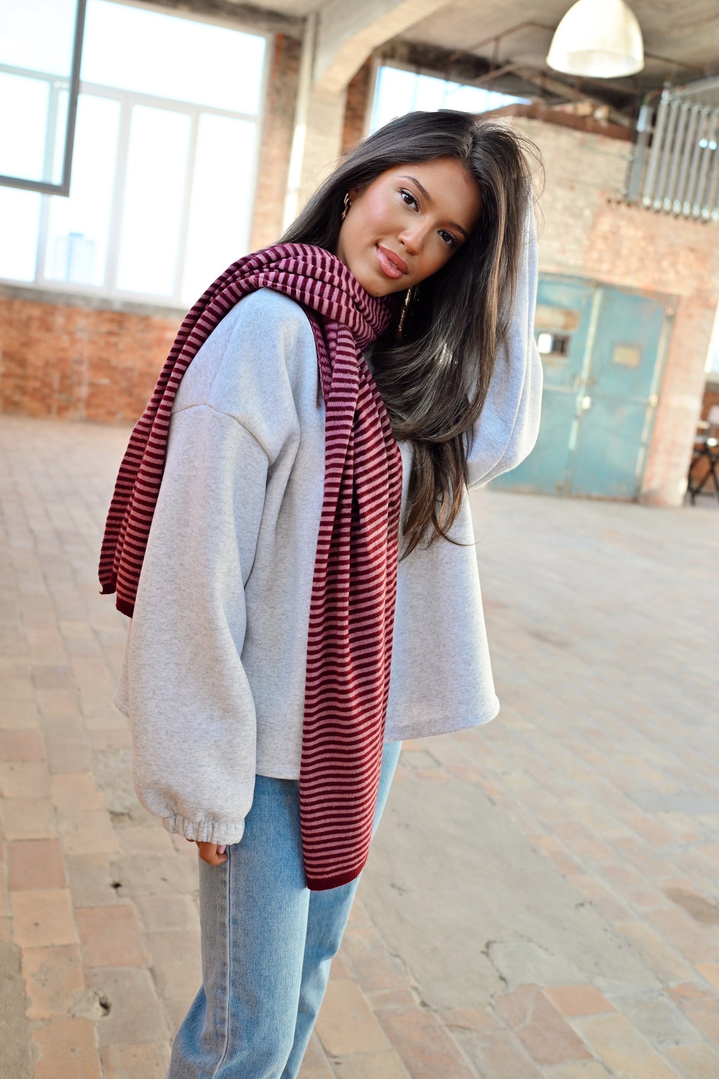 Cashmere Stripe Scarf - Bordeaux/Pink