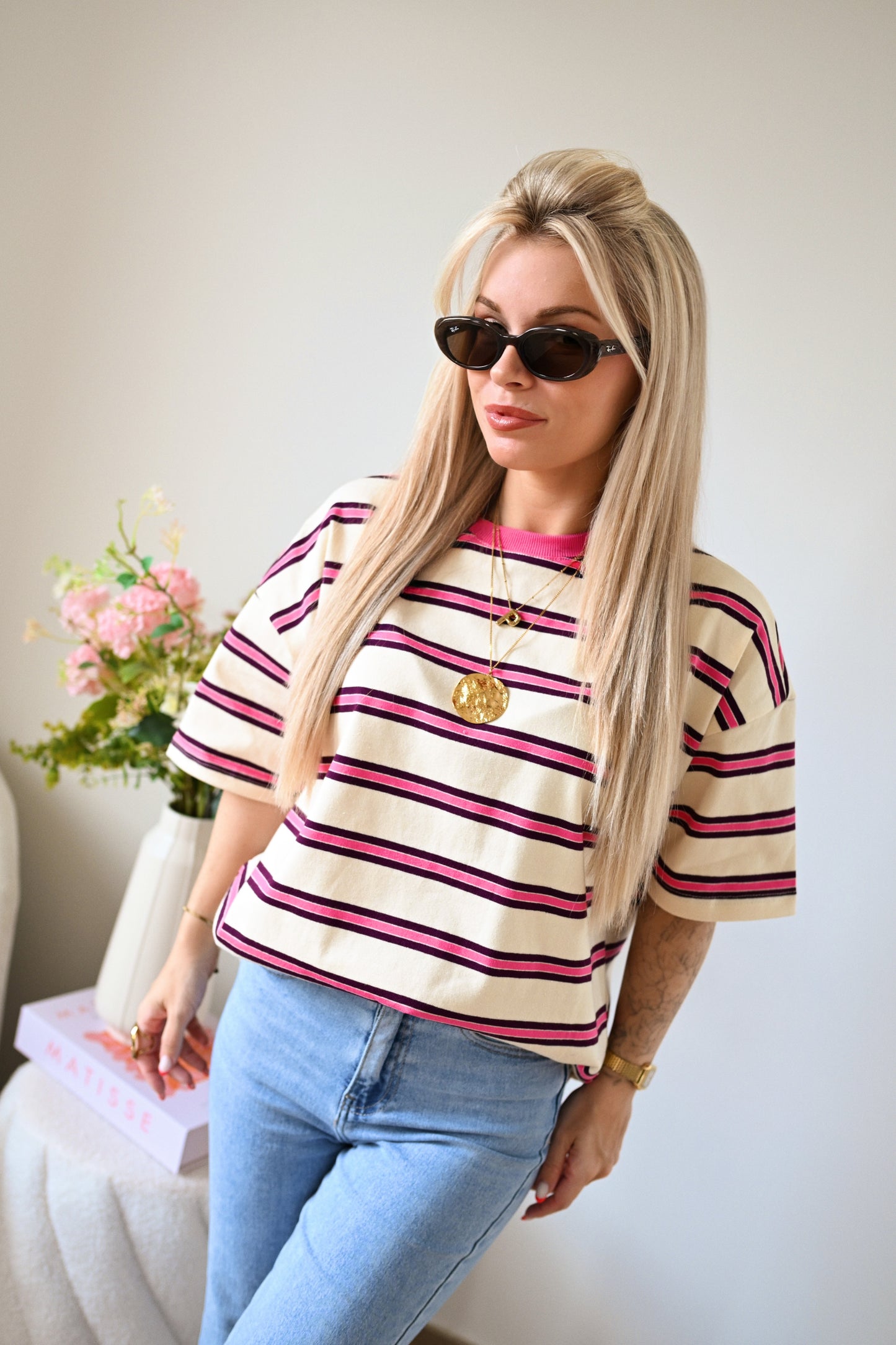 Feline Striped T-Shirt - Roze
