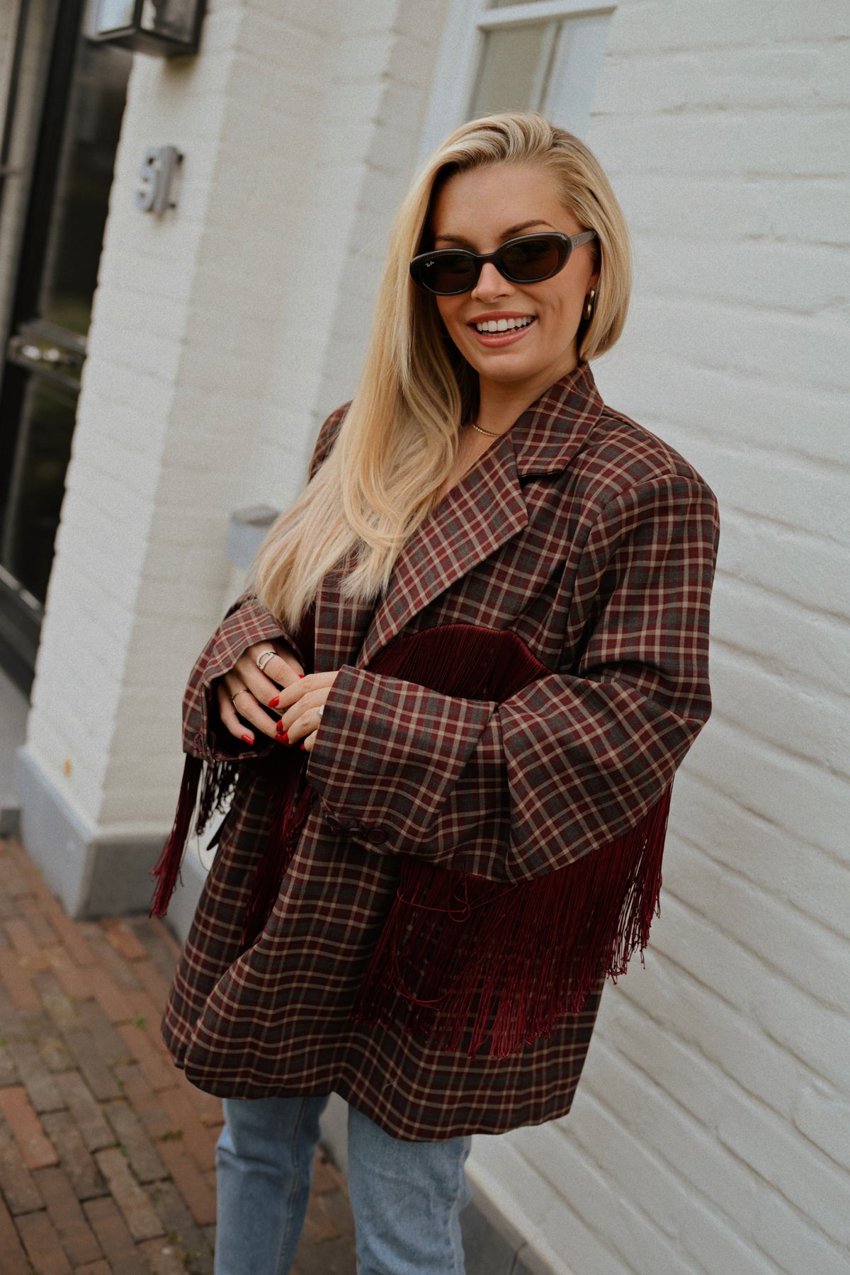 Fringe Carreaux Blazer - Bordeaux