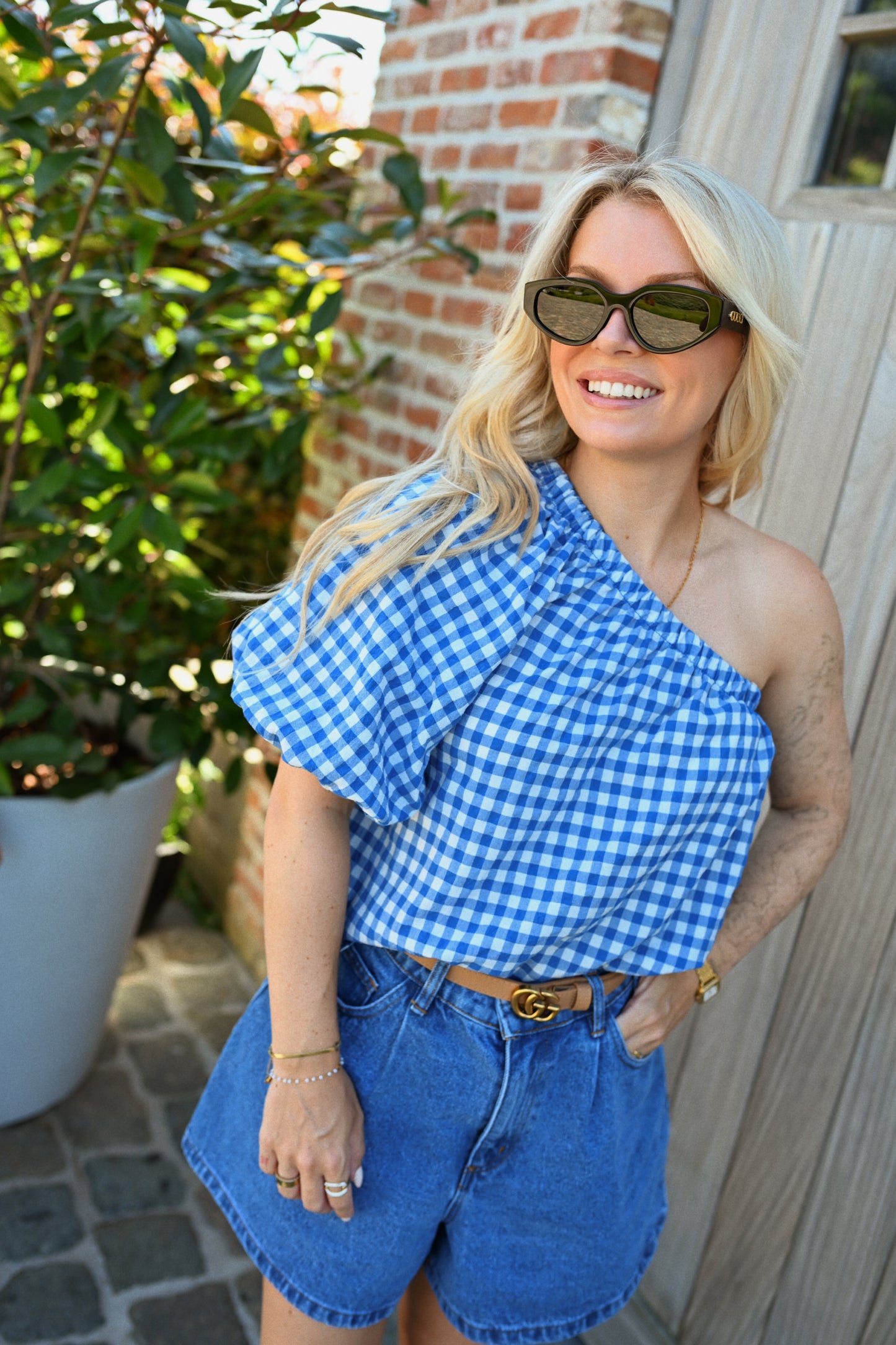 Carreaux One Shoulder Top - Blauw