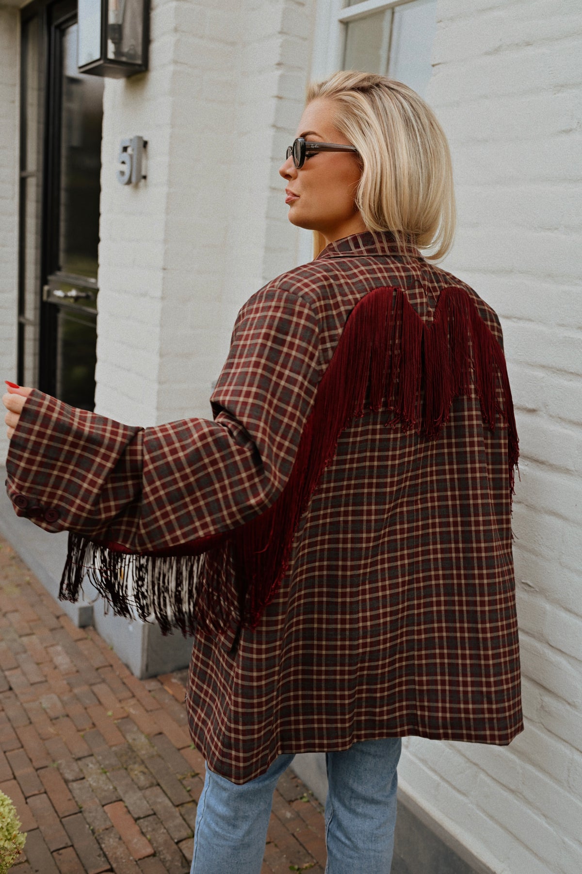 Fringe Carreaux Blazer - Bordeaux