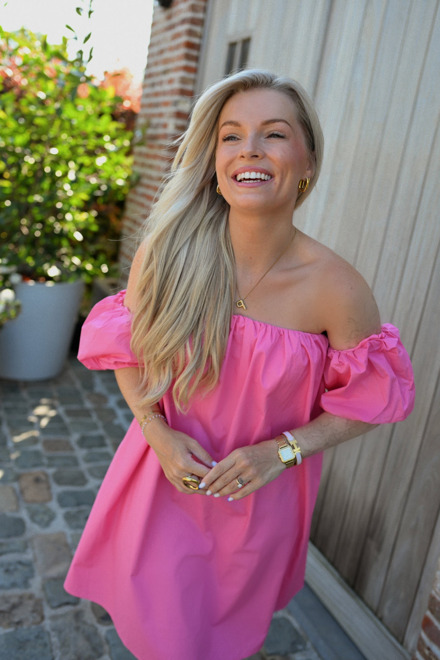 Off Shoulder Dress - Fuchsia