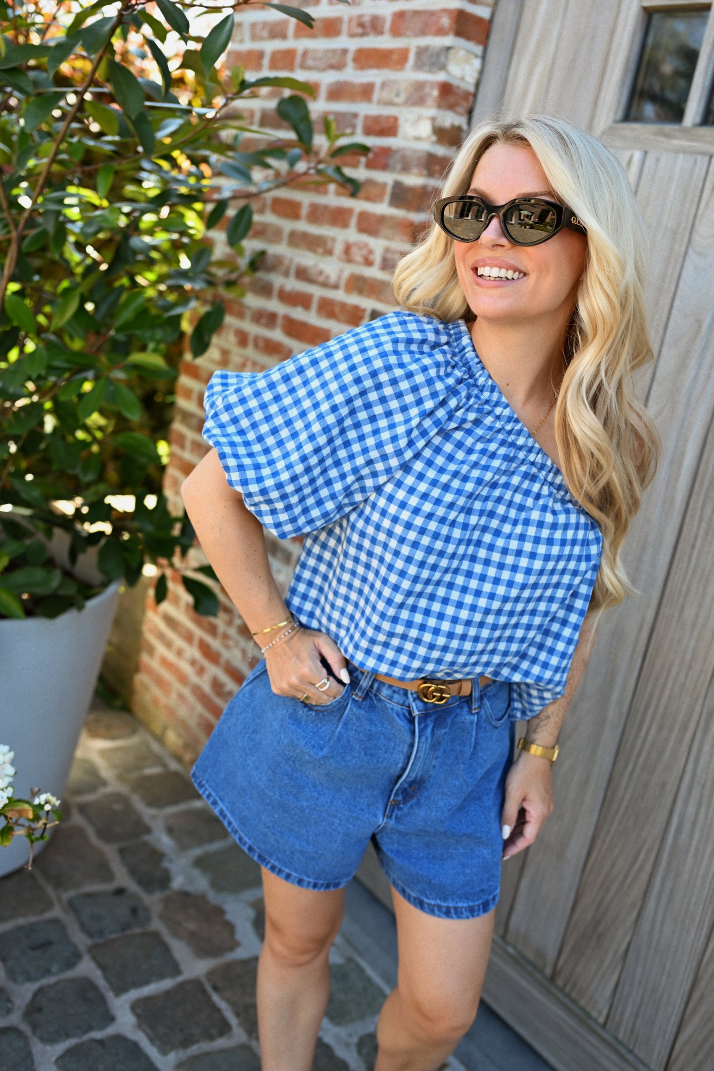 Carreaux One Shoulder Top - Blauw
