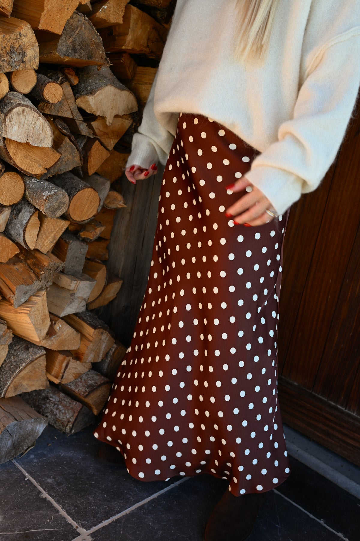 Satin Polkadot Maxi Rok - Bruin