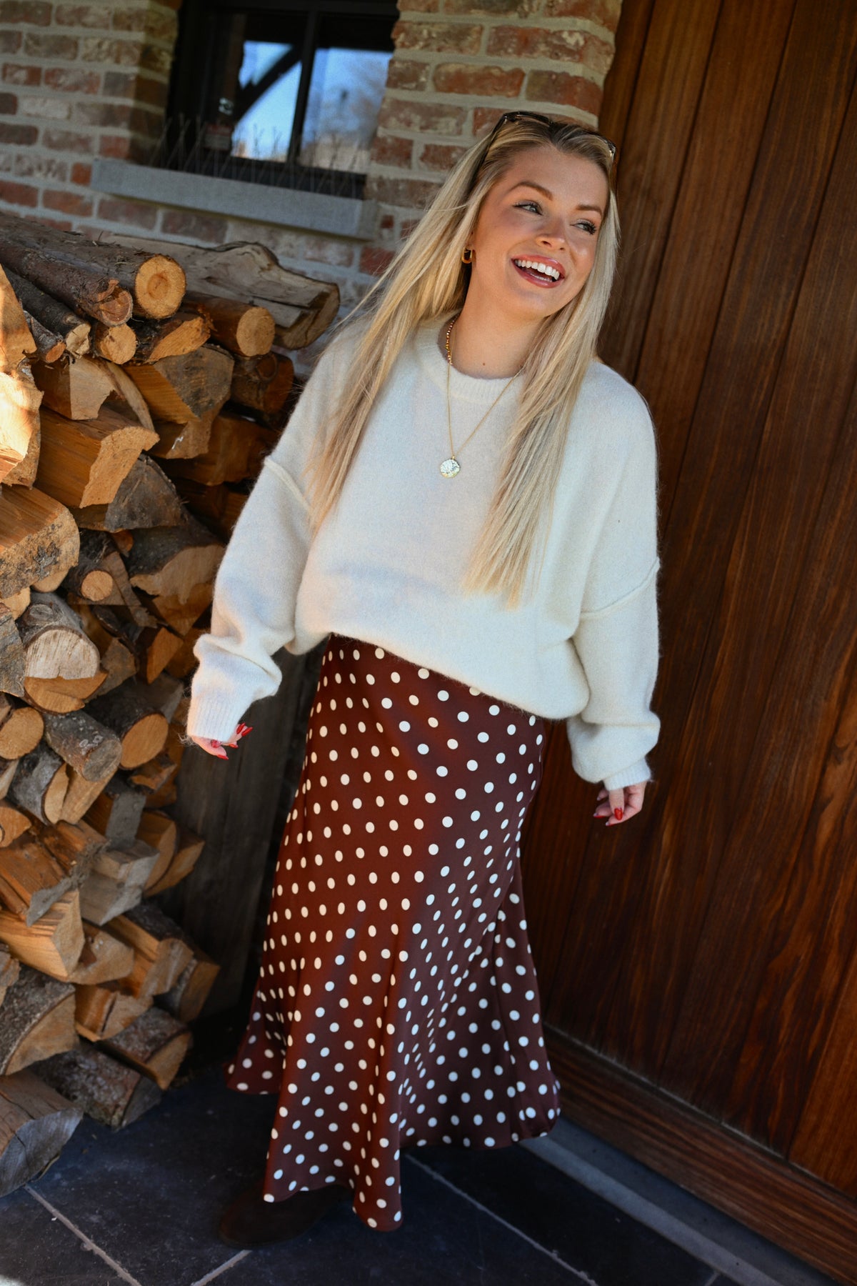 Satin Polkadot Maxi Rok - Bruin