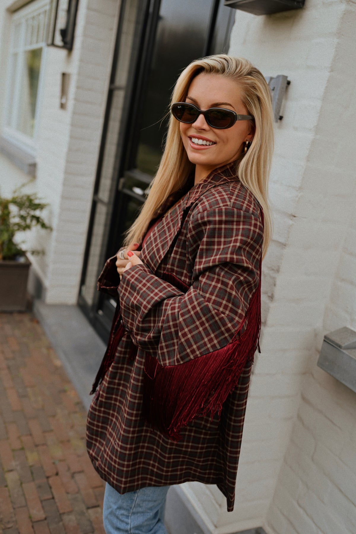 Fringe Carreaux Blazer - Bordeaux