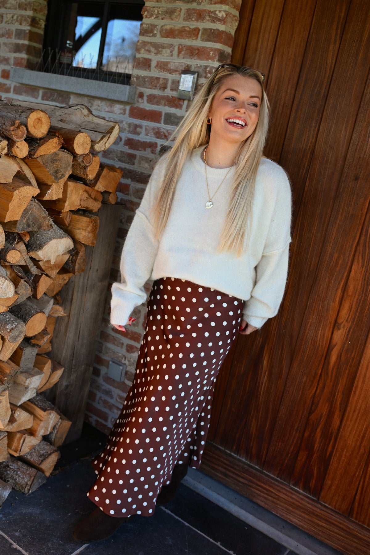 Satin Polkadot Maxi Rok - Bruin