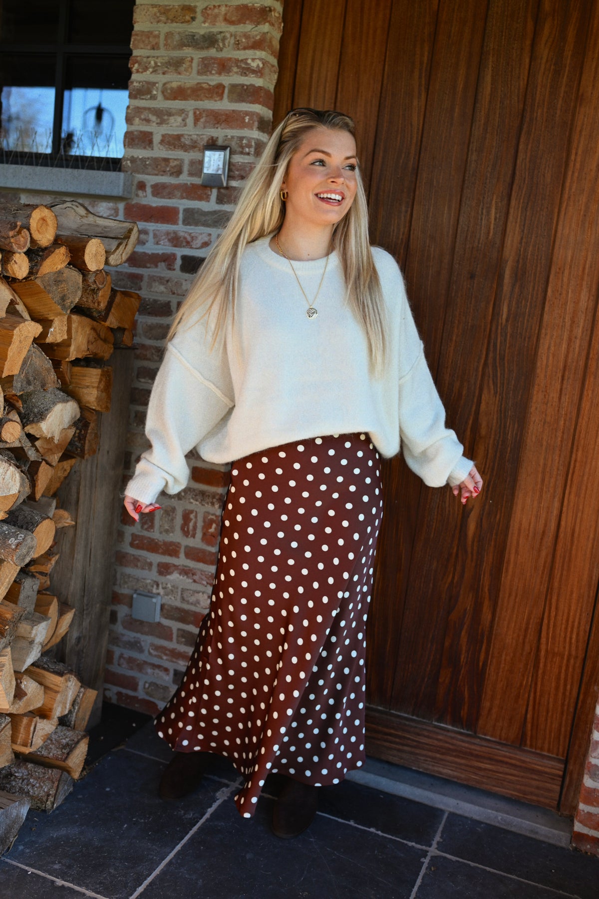 Satin Polkadot Maxi Rok - Bruin