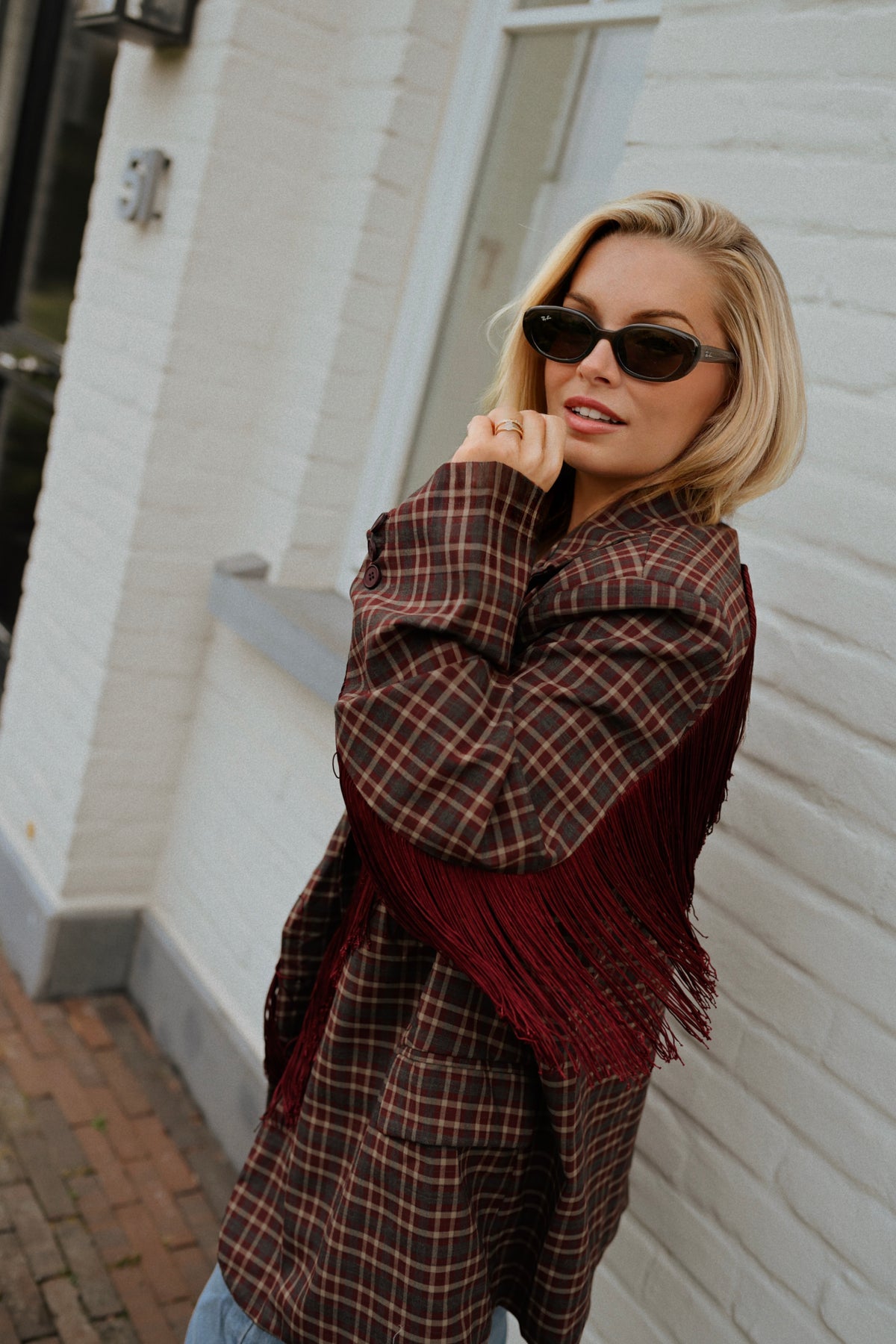 Fringe Carreaux Blazer - Bordeaux