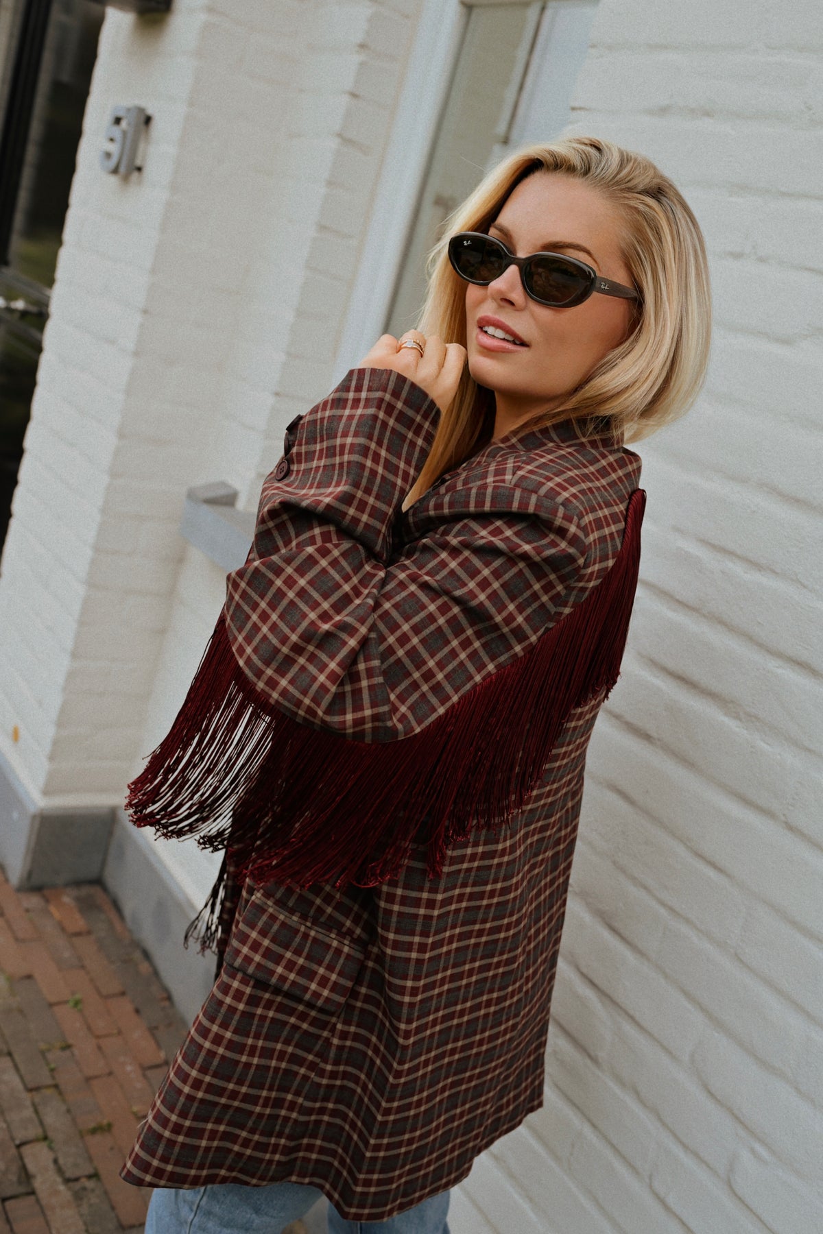 Fringe Carreaux Blazer - Bordeaux