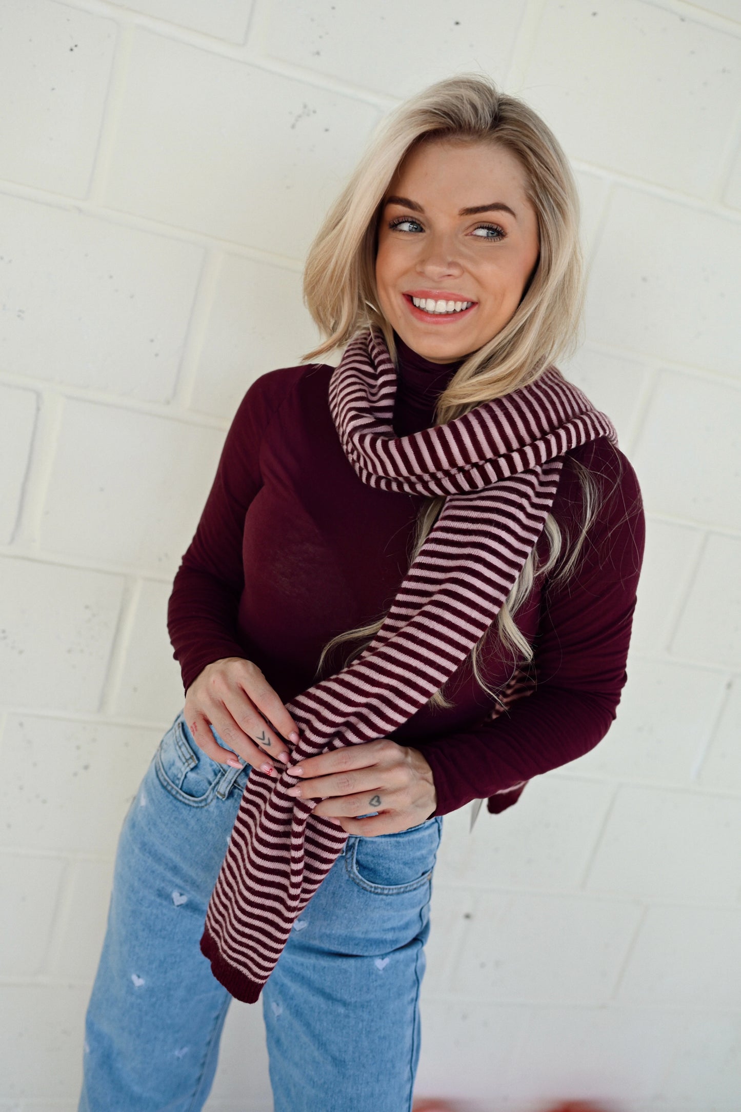 Cashmere Stripe Sjaal - Bordeaux/Roze