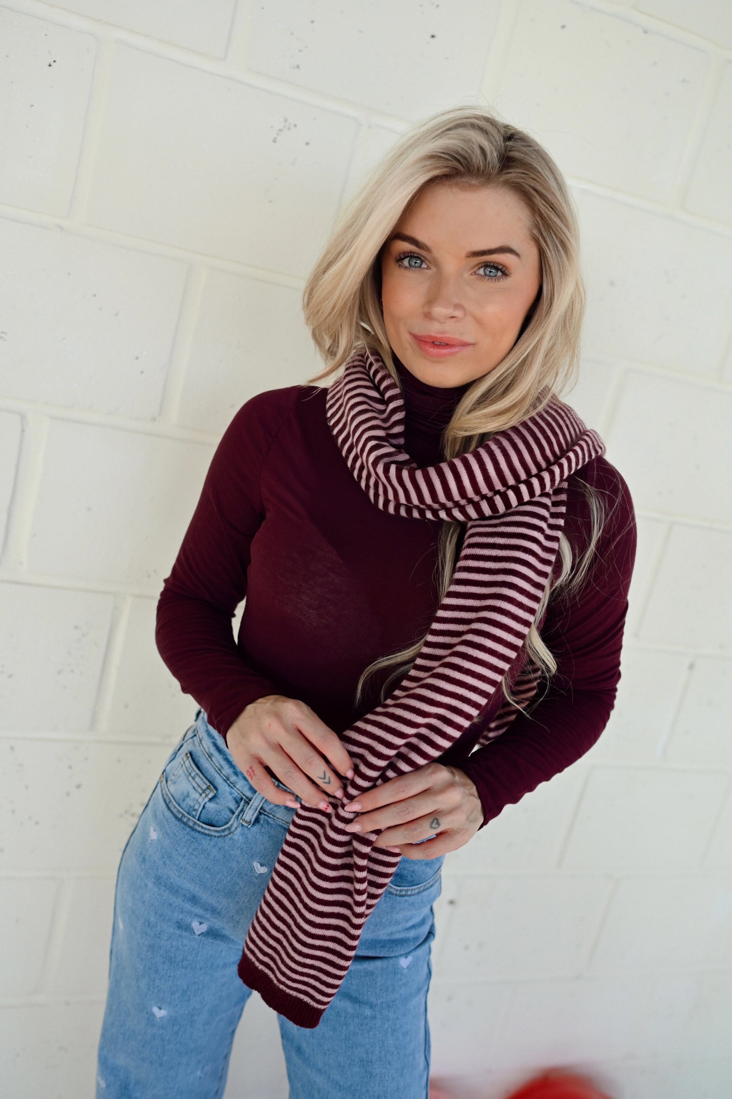 Cashmere Stripe Sjaal - Bordeaux/Roze