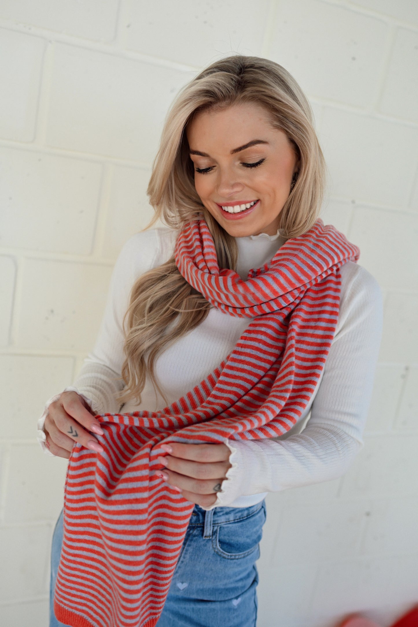 Cashmere Stripe Sjaal - Koraal/Grijs