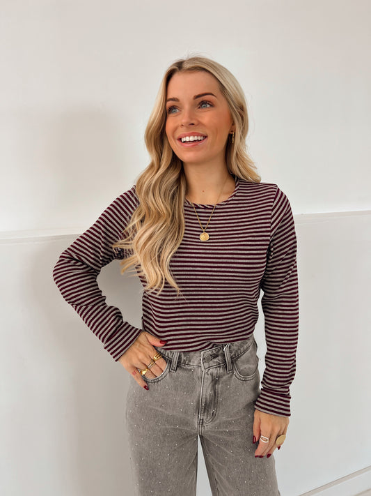 Lio Gestreepte Pull Bordeaux/Grijs