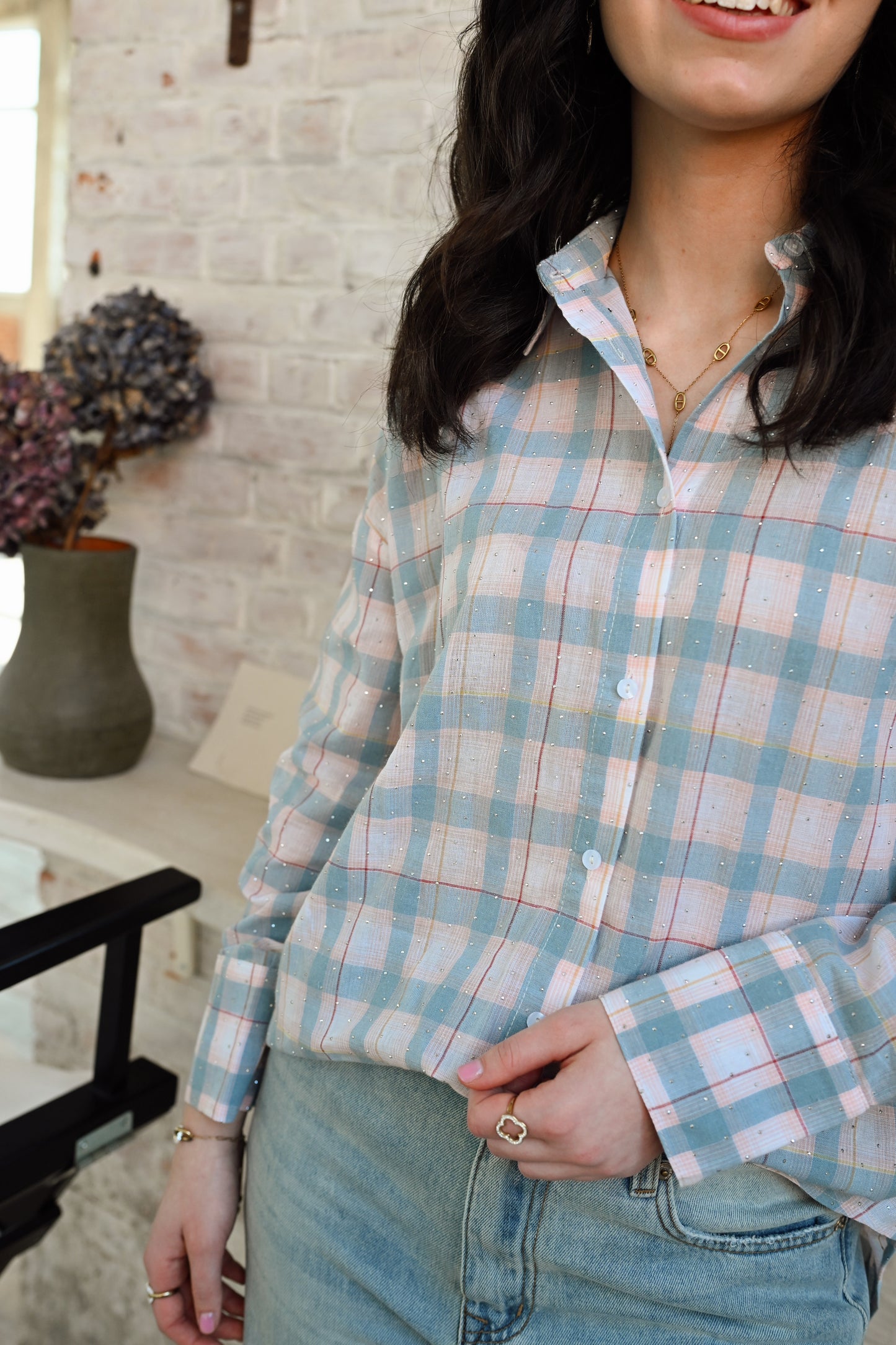 Carreaux Blouse Strass - Blauw