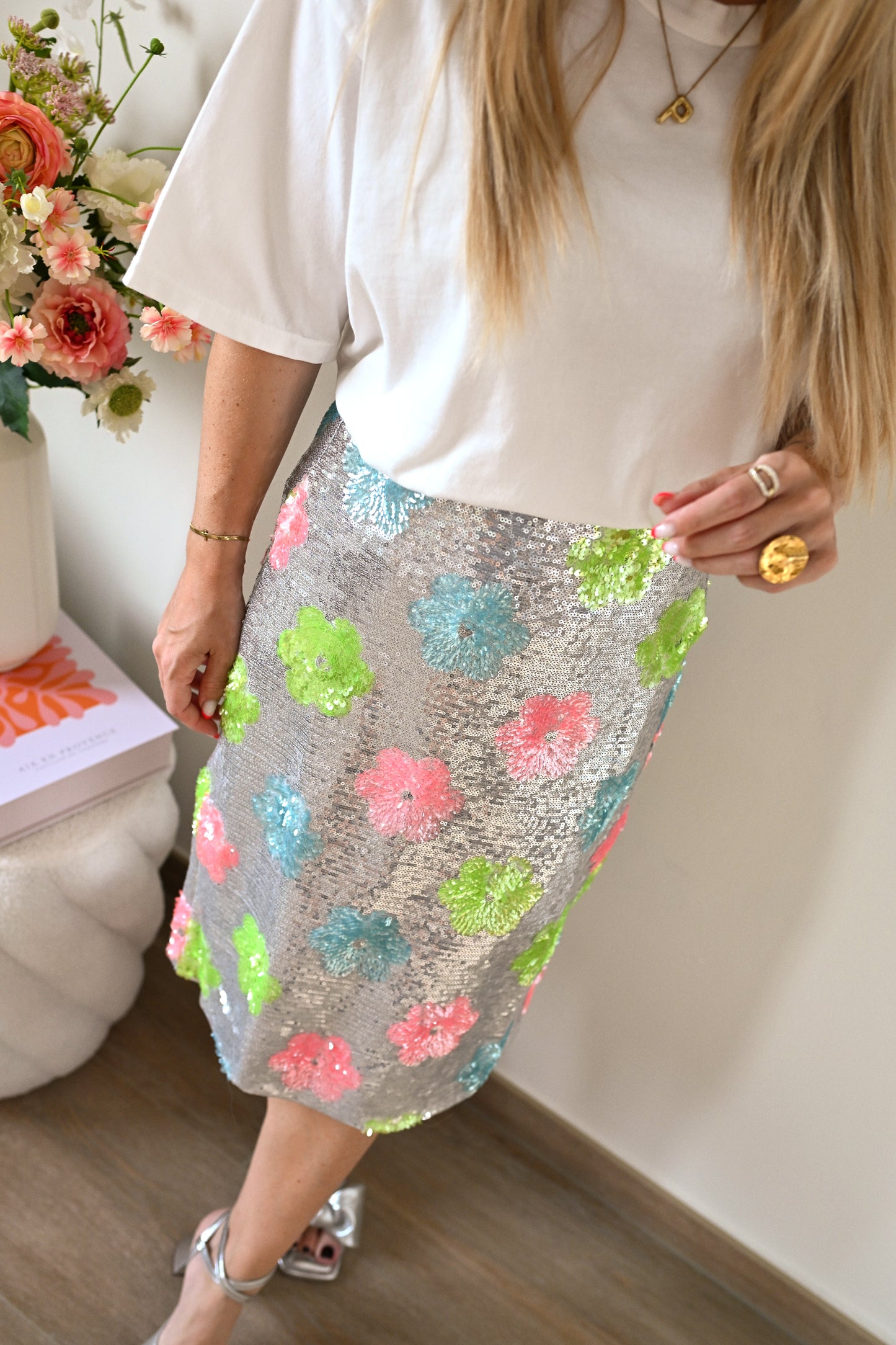 Floral Pailletten Rok - Zilver