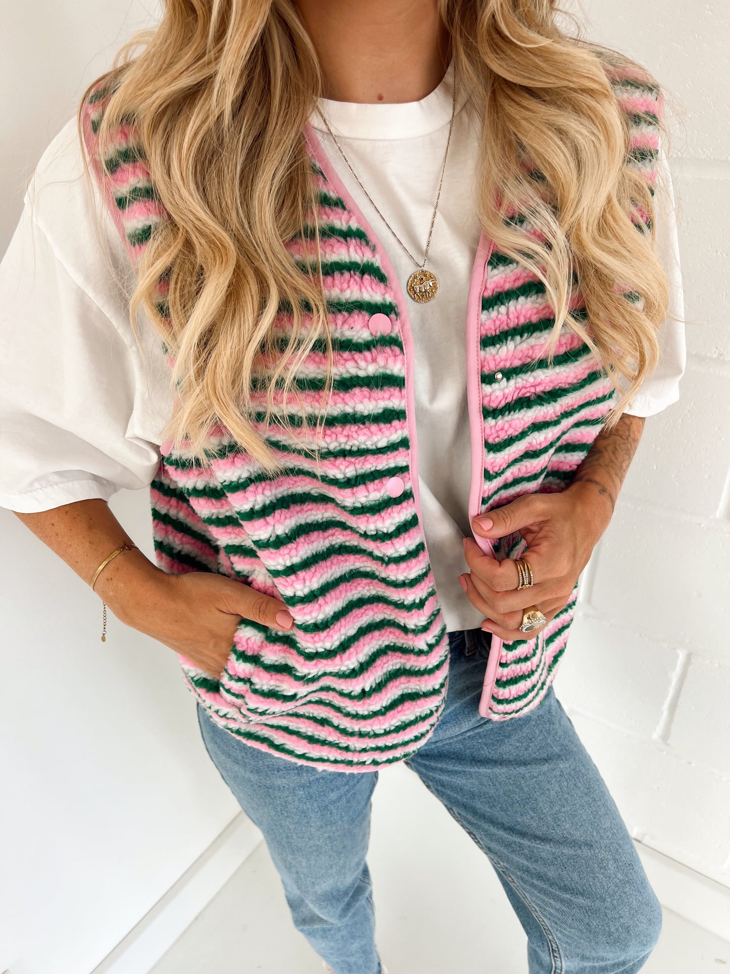 Teddy Gilet Pink/Green