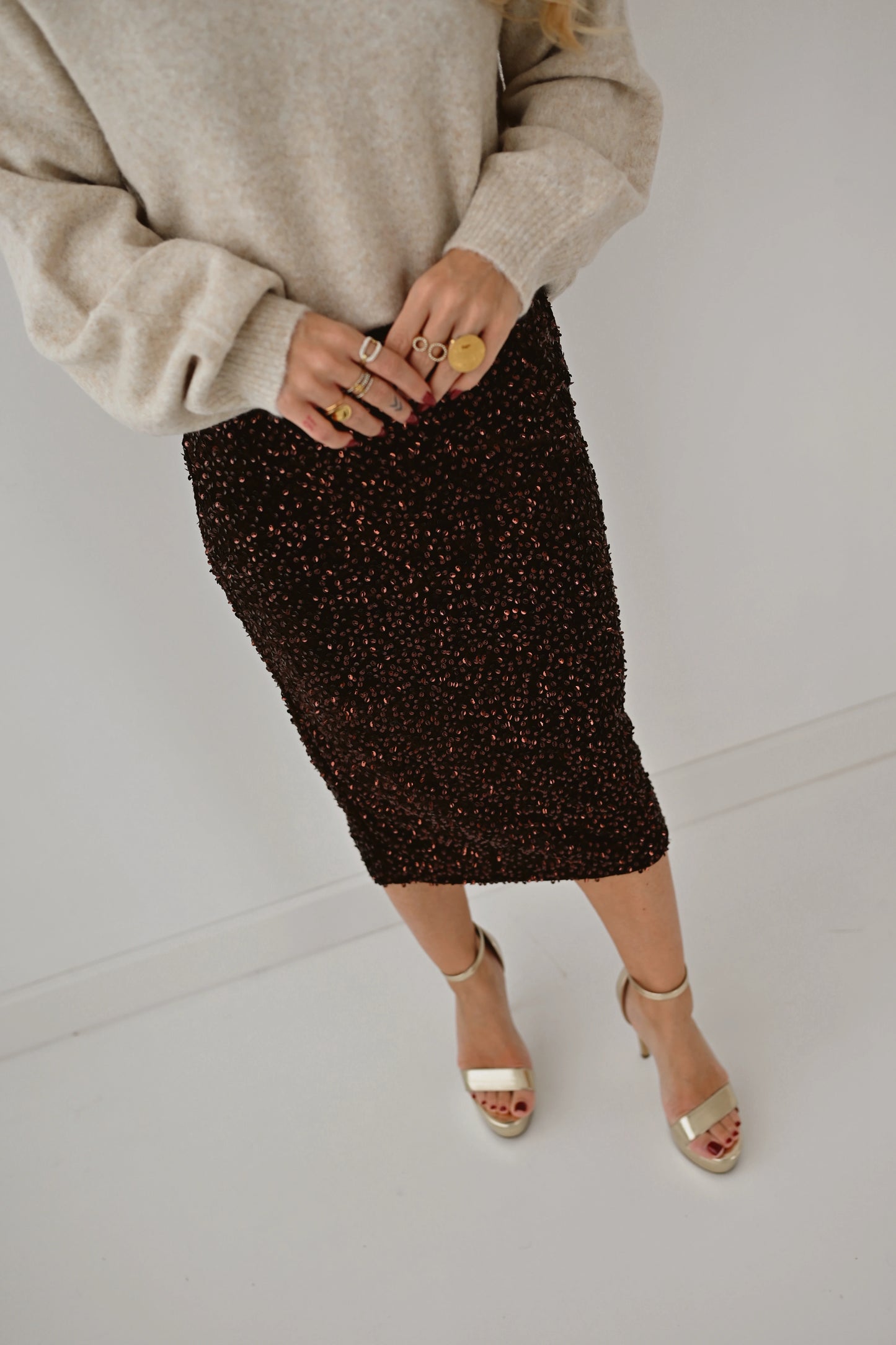 Sequin Midi Rok Bruin